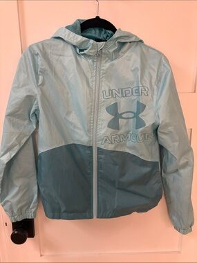 Under Armour Girls' Light Blue and Teal Hooded Rain Jacket